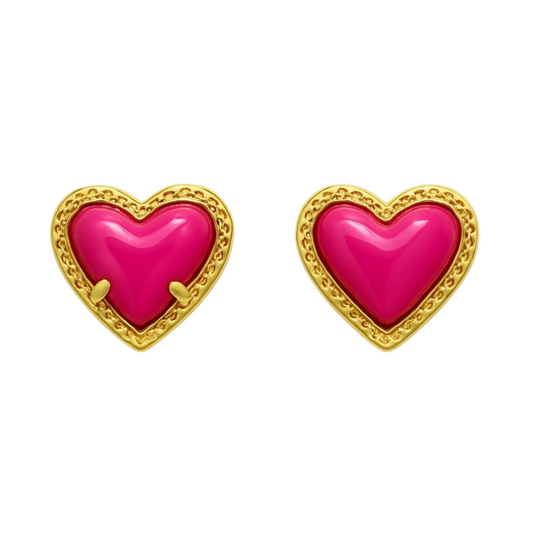 14K Vermeil Dark Pink Puffy Heart Earrings