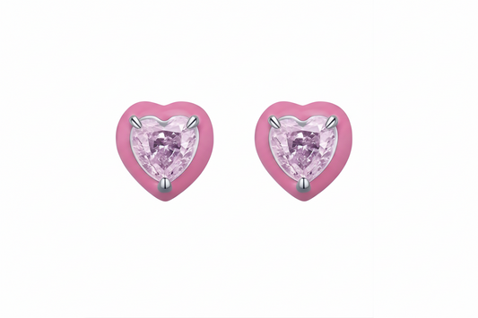 Sterling Silver Pink Enamel Heart Stud Earrings