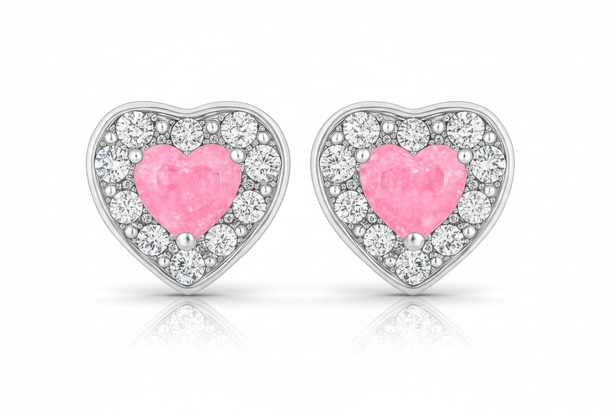 Sterling Silver Pink & Pave Heart Stud Earrings