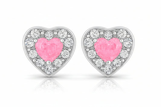 Sterling Silver Pink & Pave Heart Stud Earrings