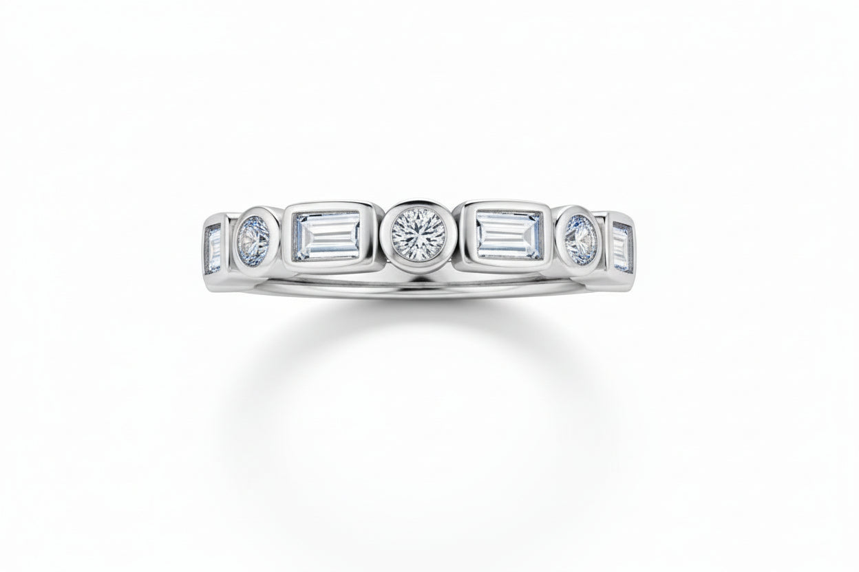 Sterling Silver Kim Baguette & Round Stone Bezel Set Ring