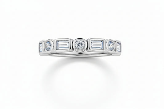 Sterling Silver Kim Baguette & Round Stone Bezel Set Ring