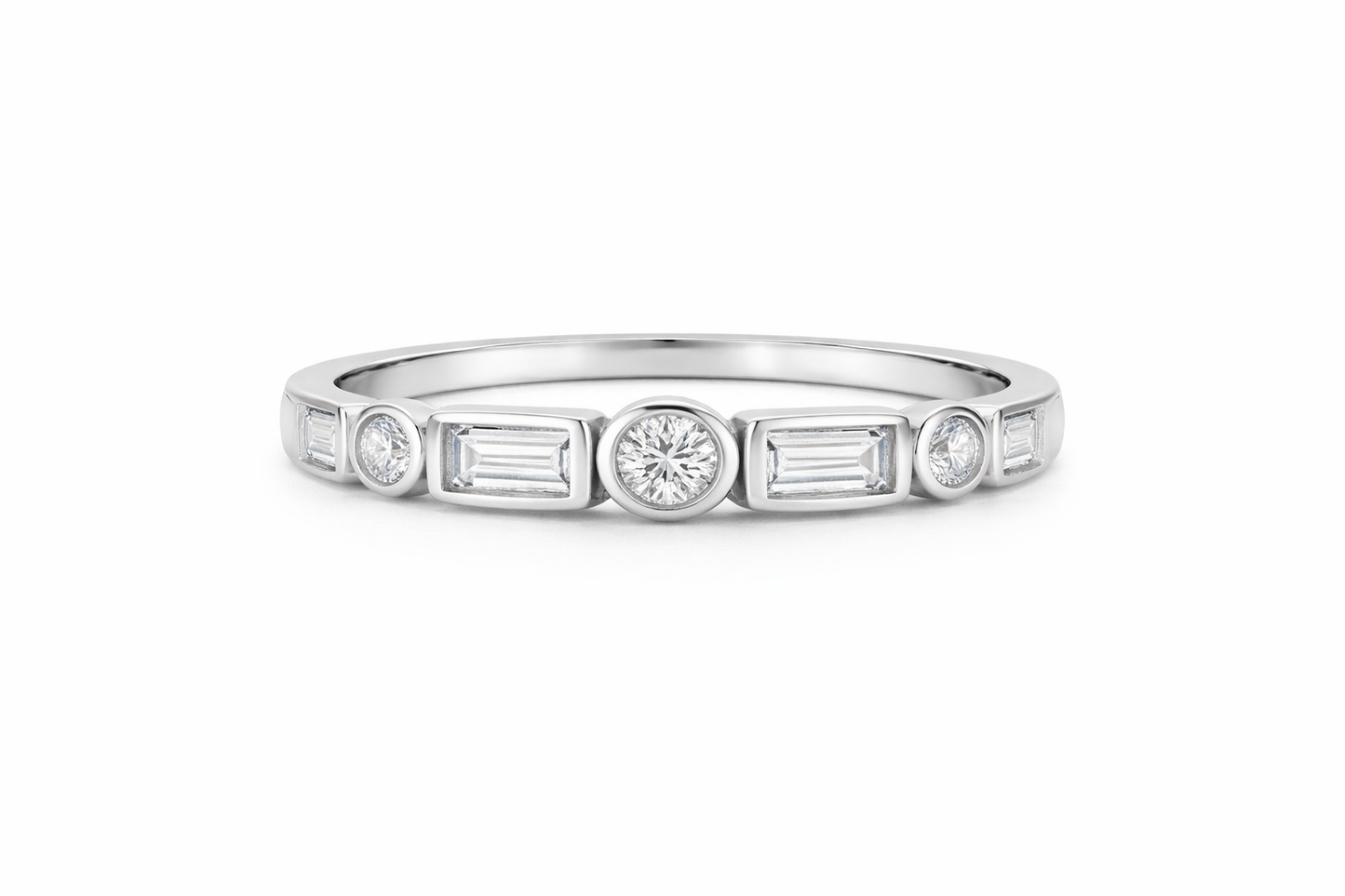 Sterling Silver  Baguette & Round Stone Bezel Set Ring