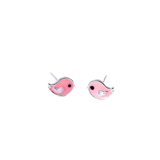 Sterling Silver Pink Enamel Bird Stud Earrings