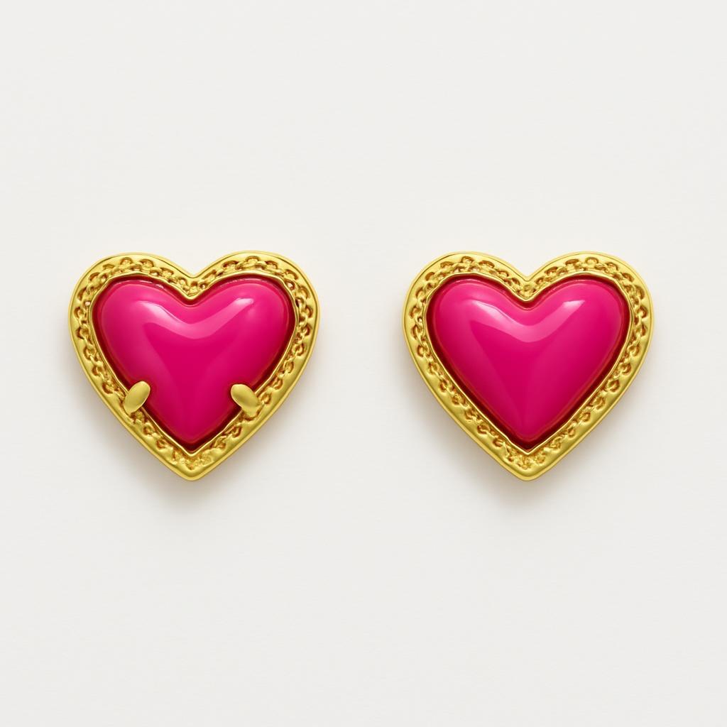 14K Vermeil Dark Pink Puffy Heart Earrings