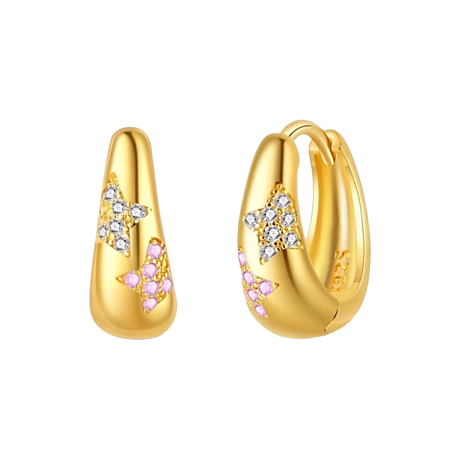 Gold Vermeil Pink Blue Starburst Oval Huggie Hoop Earirngs